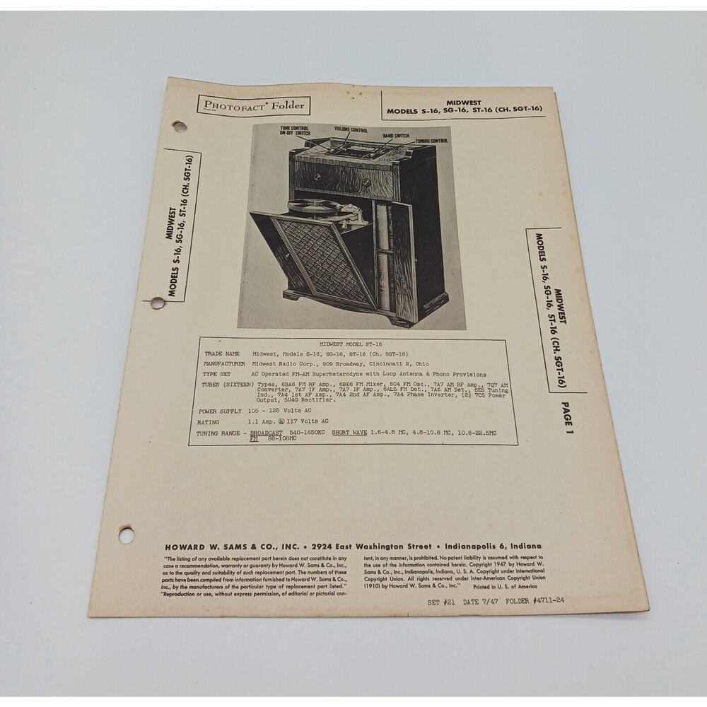VTG Howard Sams 1947 Radio Photofact Folder Midwest Models S-16 SG-16 ST-16